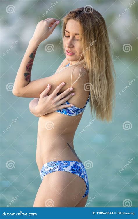 Sexy Frau Im Bikini Auf Seehintergrund Stockfoto Bild Von Erwachsener Dame 110643844