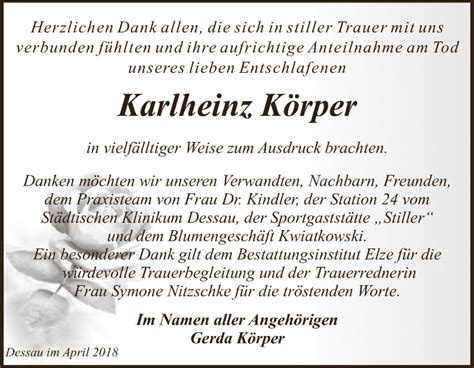 Traueranzeigen von Karlheinz Körper abschied nehmen de