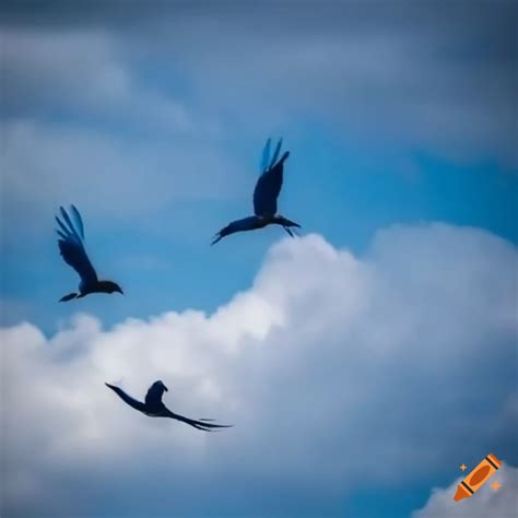 Blue Birds Flying In The Sky With White Fluffy Clouds On Craiyon