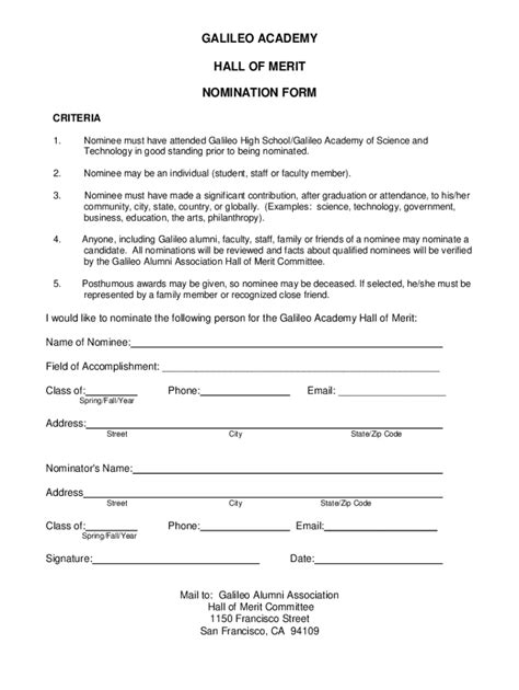 Fillable Online Galileo Academy Hall Of Merit Nomination Form Fax Email