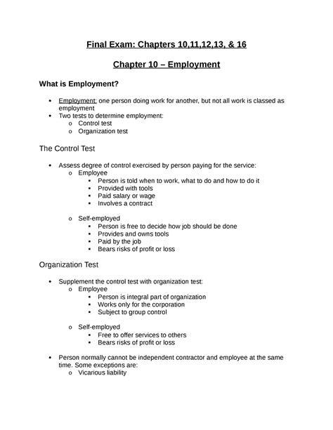 Final Exam Chapter Notes Final Exam Chapters 10111213 And 16 Chapter 10 Employment What