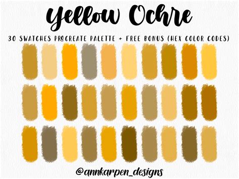 Yellow Ochre Procreate Palette 30 Hex Color Codes Instant Digital