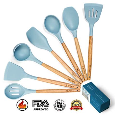 Iquona Kitchen Utensil Set 7 Piece Natural Acacia Wood Silicone Spatulas Heat Resistant