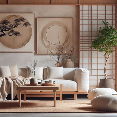 Japandi And Wabi Sabi Living Room Interior With Cozy Beige Couch