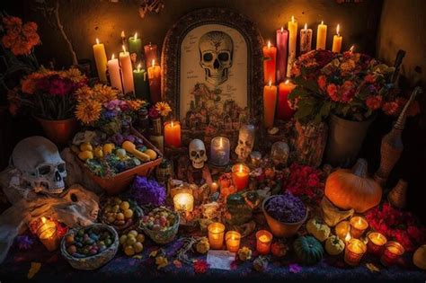 Premium AI Image | Day of the dead altar overflowing with colorful ...