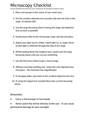 How To Use A Microscope Checklist Teaching Resources