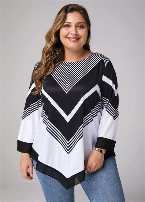 US 29 27 Plus Size Printed Three Quarter Sleeve Asymmetric Hem T