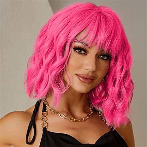 Linghang Short Pink Wigs For Women Short Wavy Hot Pink