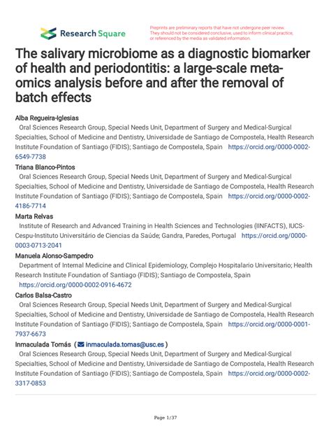 Pdf The Salivary Microbiome As A Diagnostic Biomarker Of Health And