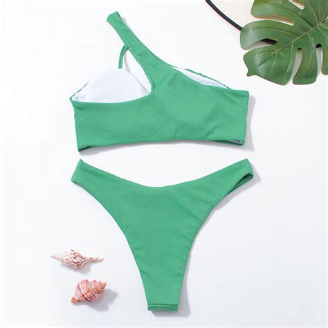 2pcs Set Summer Swimwear Solid Color Swim Clothes Sexy One Shoulder