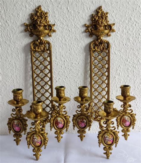 Paar Messing Limoges Porzellan Wandkerzenhalter Kerzenhalter frühes