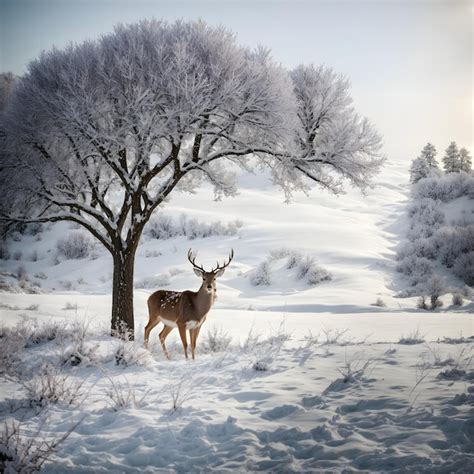 Premium AI Image | Deer in Snowy Field with Snowy Tree