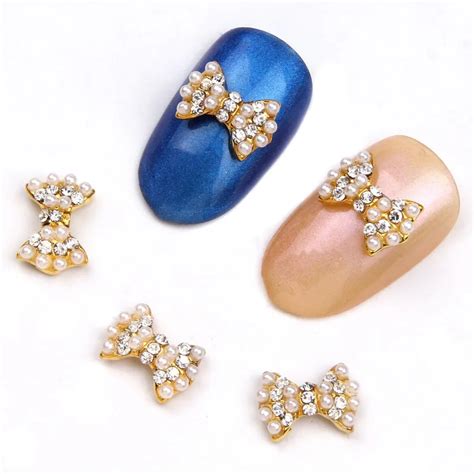 Pcs Lot Elegant Bow Nail Charm Golden D Alloy Nail Art Rhinestone