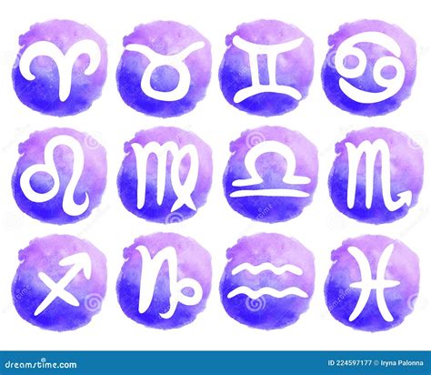 Set Of Purple Zodiac Signs On Watercolor Texture Astrology Kit Stock