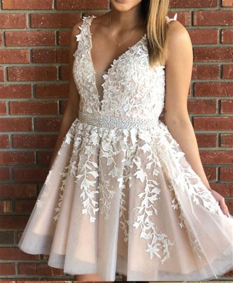 Princess V Neck Short White Lace Party Dress Homecoming Dress Lace