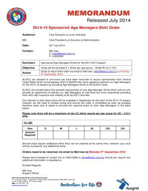 Fillable Online Age Managers Shirt Order Surf Life Saving Central