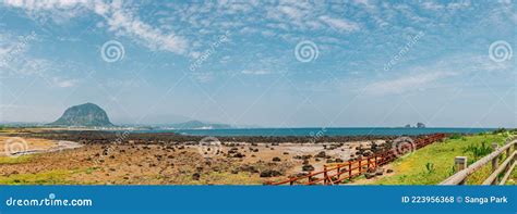 Panoramic View Of Sanbangsan Mountain And Beach Jeju Olle Trail In