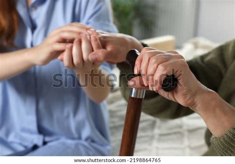 Caregiver Elderly Woman Walking Cane Home Stock Photo 2198864765