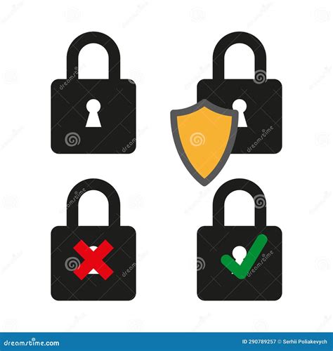 Locks With Different Signs Lock With A Shield Lock With A Tick Lock With A Cross Vector