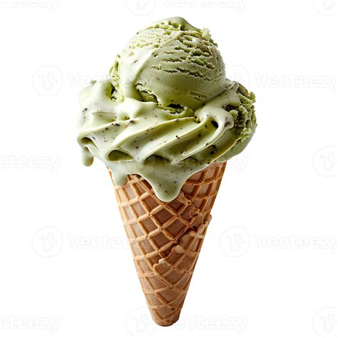 Pistachio Ice Cream Cone Isolated Green Pistachio Ice Cream Dripping