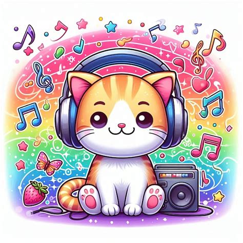 Happy Smiling Baby Pussy Cat With Headphones Listening To Music Kawaii Style Premium AI