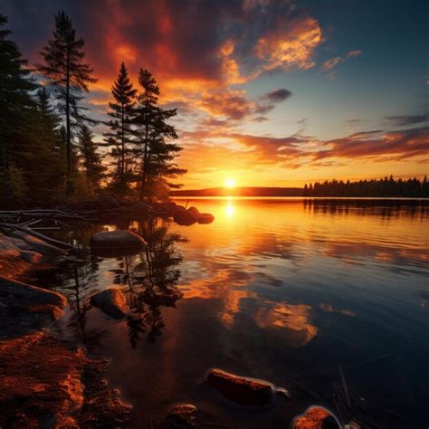 Premium Ai Image Sunset Splendor Tranquil Lake Landscape