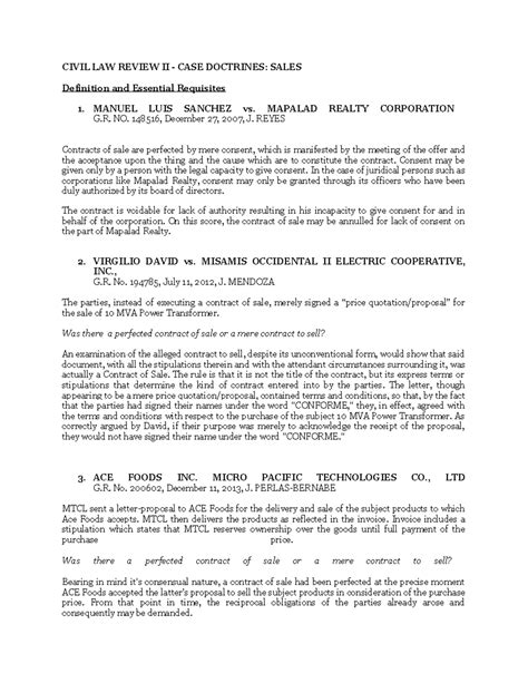 CIVIL LAW REVIEW II: CASE DOCTRINES ON SALES AND ESSENTIAL REQUISITES