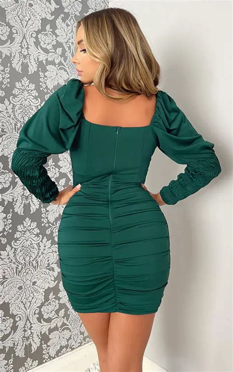 Teal Shirred Sleeve Ruched Skirt Mini Bodycon Dress Ax Paris