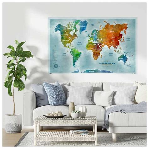 Pôster Gigante Mapa Múndi Aquarela 220 Pins Adesivos p Marcar