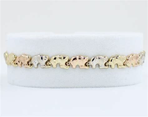 14k Tri Color Solid Gold Elephant Link Bracelet Yellow White Rose Gold