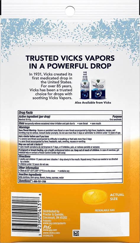 Vicks Vapocool Severe Medicated Drops Menthol Soothes Sore Throat