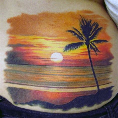 Very Beautiful Ocean Sunset With Lonely Palm Tree Tattoo On Waist Tattooimagesbiz