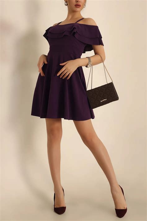 Secret Passion Lingerie Yeni Sezon Krep Kumaş İnce Askılı Volanlı Çan Kesim Kısa Abiye Elbise