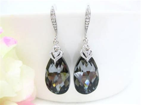 Silver Night Black Swarovski Crystal Tear Drop Earrings Wedding