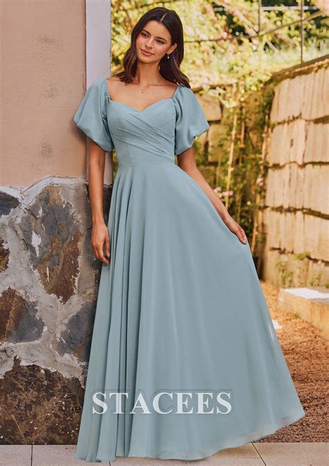 A-line Chiffon Short Sleeve Bridesmaid Dress V Neck Floor-Length with