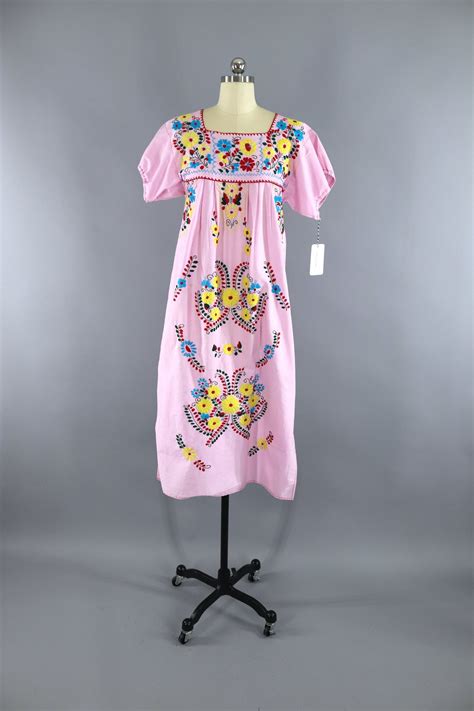 Pastel Pink Vintage Mexican Dress / Oaxacan Embroidered Caftan ...