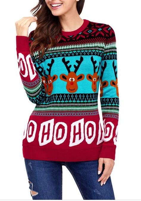 Red Christmas Reindeer Print Uglily Long Sleeve Round Neck Sweater