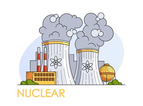 Colorful Cartoon Vector Illustration Featuring Nuclear Power Plant with Cooling Towers Emitting ...