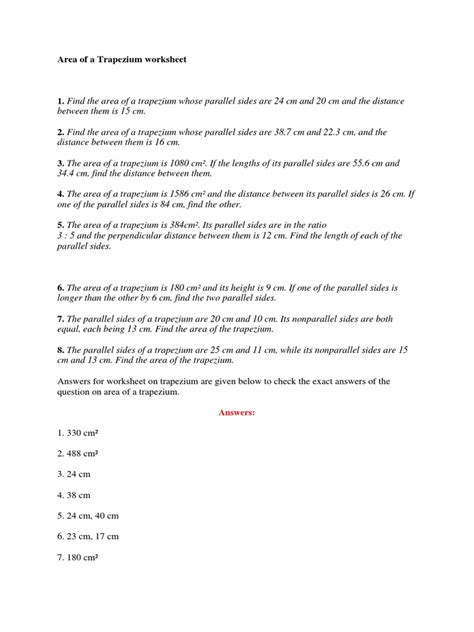 Area of A Trapezium Worksheet | PDF