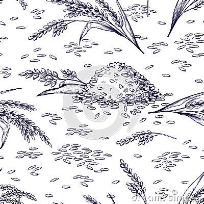 Rice Seamless Pattern Hand Drawn Plant And Grains Texture Sketch Of