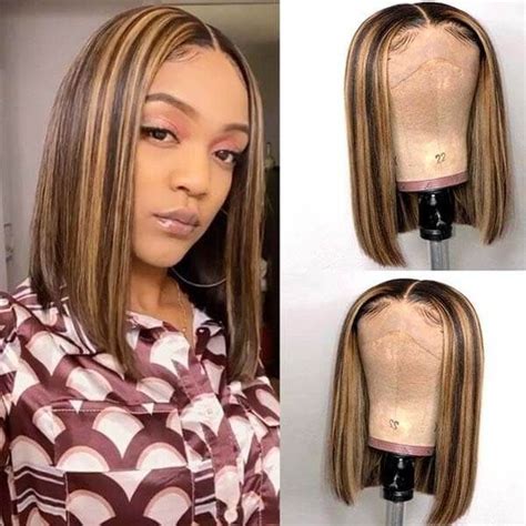 Ombre Highlight Straight Short Bob Lace Closure Wigs Honey Blonde Piano Color