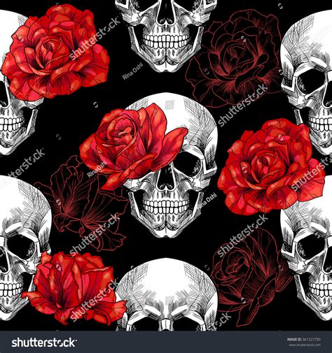 Skull Red Roses On Black Background Stock Vector Royalty Free