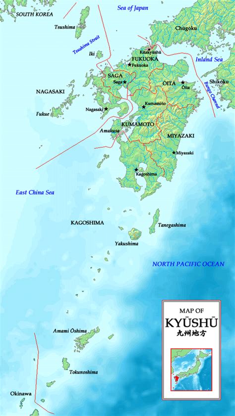 Map of Kyushu region with prefectures Kagoshima, Kumamoto, Kyushu ...