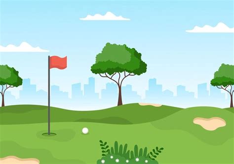 A Golf Course With Red Flag And Green Trees