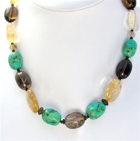 Barse Turquoise Smoky Quartz Bead Necklace Antique Jewelry Beaded