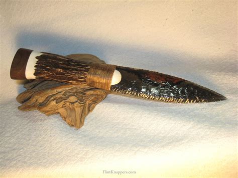 Triple Flow Obsidian Dagger Paleo Knife W Elk Antler Walnut End Cap