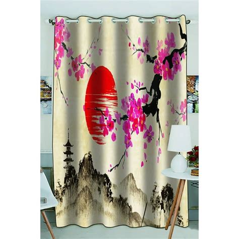 Phfzk Landscape Window Curtain Japanese Sakura Cherry Blossom Moon