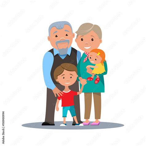 Grandparents family with grandchildren isolated. Cartoon couple grandparents with children ...