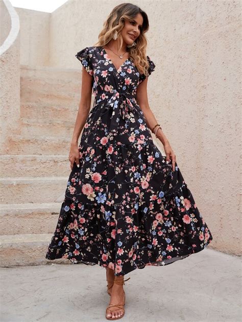 Shein Vcay Kleid Mit Gürtel Blume Muster Schmetterlingsärmeln