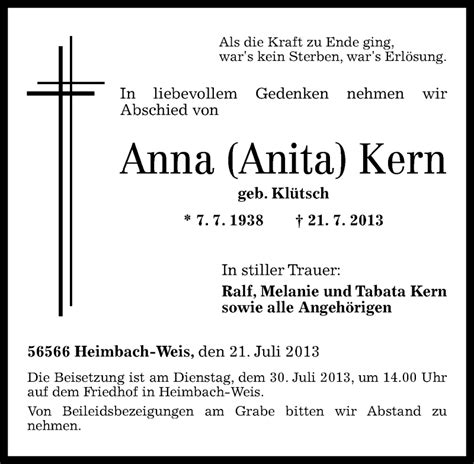 Traueranzeigen Von Anna Kern Rz Trauer De